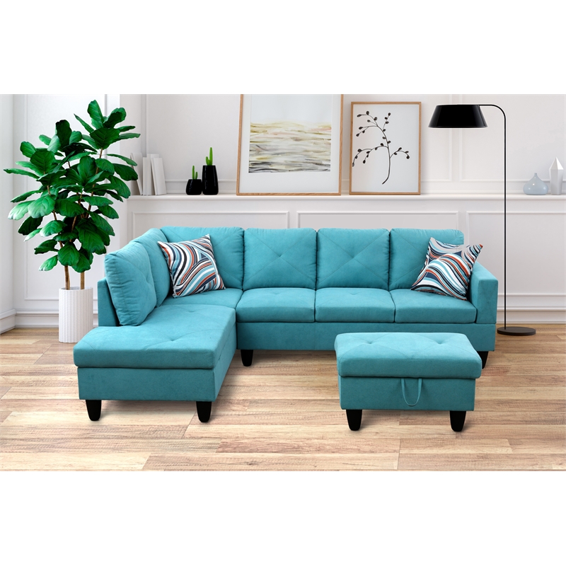Starhome L Shaped Green Couch with Storage Ottoman(Pillows Included) Microfiber