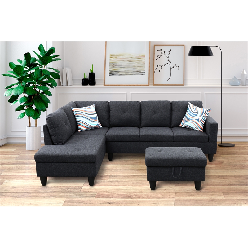 Starhome L Shaped Black Gray Couch with Ottoman(Pillows Included) Microfiber