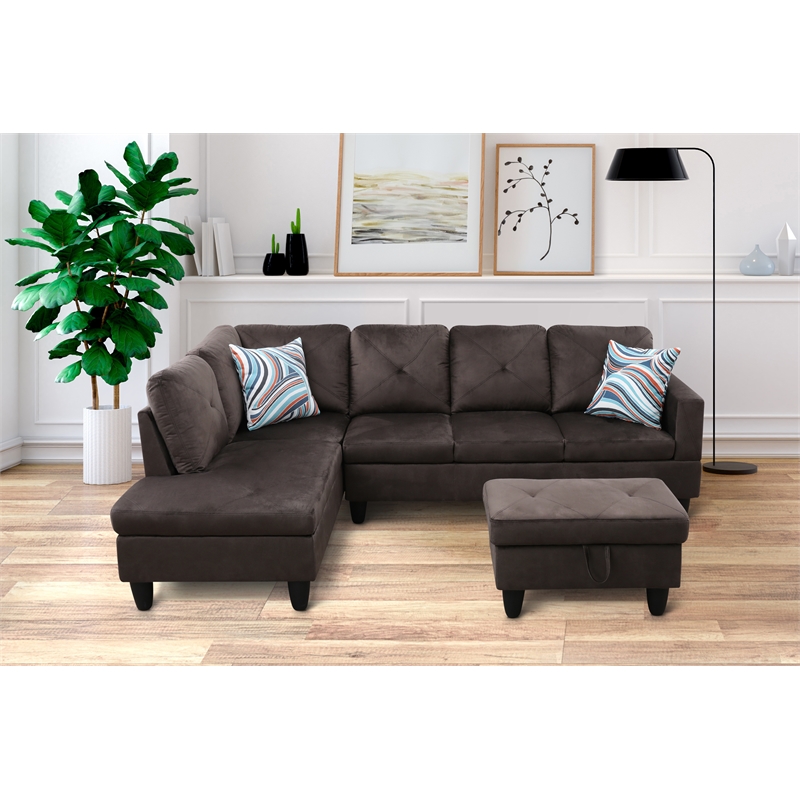 Starhome L Shaped Chocolate Couch with Ottoman(Pillows Included) Microfiber