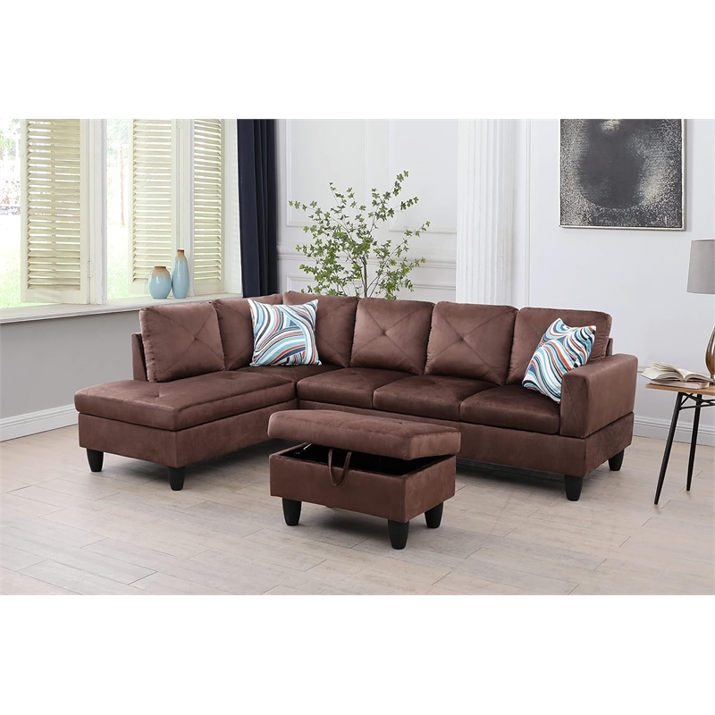 Starhome L Shaped Brown Couch with Ottoman(Pillows Included) Microfiber