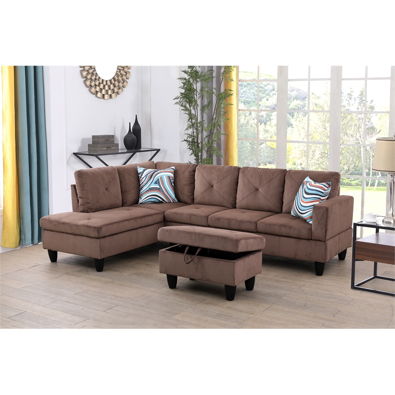 Starhome L Shaped Brown Couch with Ottoman(Pillows Included) Microfiber