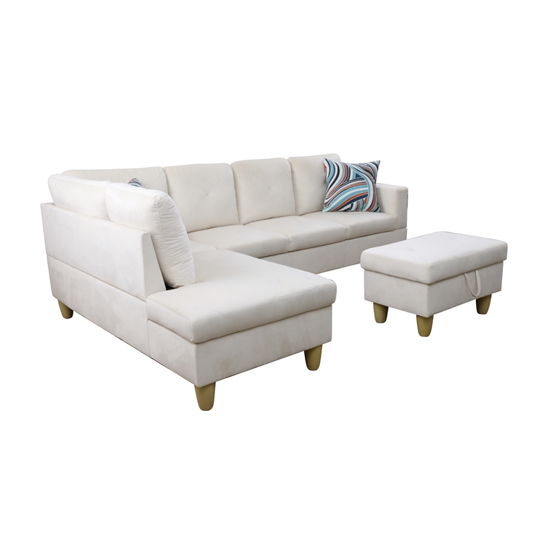 Starhome L Shaped White Couch with Ottoman(Pillows Included) Microfiber
