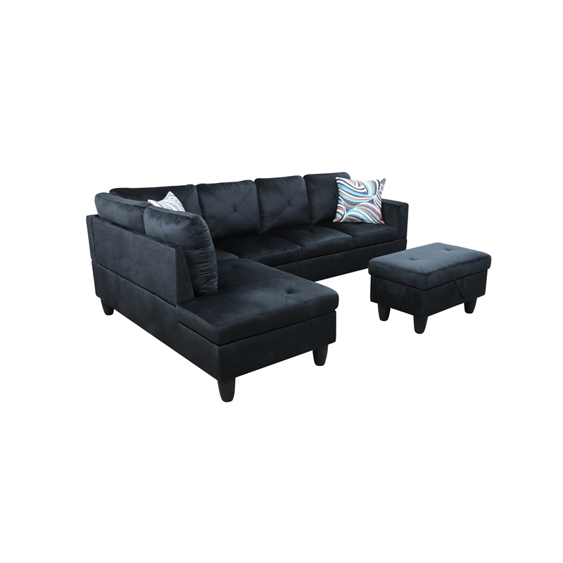 Starhome L Shaped Black Couch with Ottoman(Pillows Included) Microfiber