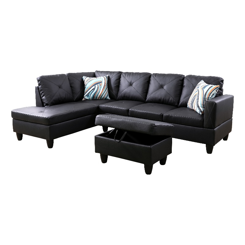 Starhome L Shaped Black Couch with Ottoman(Pillows Included) Microfiber