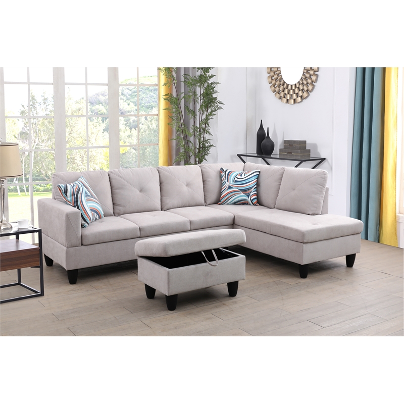 Starhome L Shaped Gray Couch with Storage Ottoman(Pillows Included) Microfiber