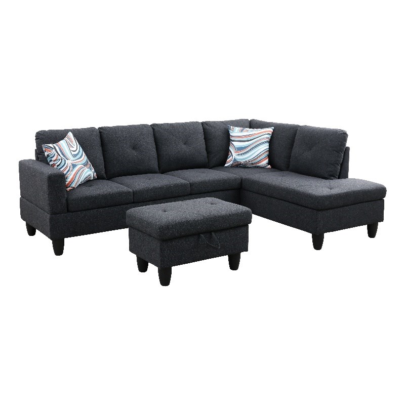 Starhome L Shaped Black Gray Couch with Ottoman(Pillows Included) Microfiber