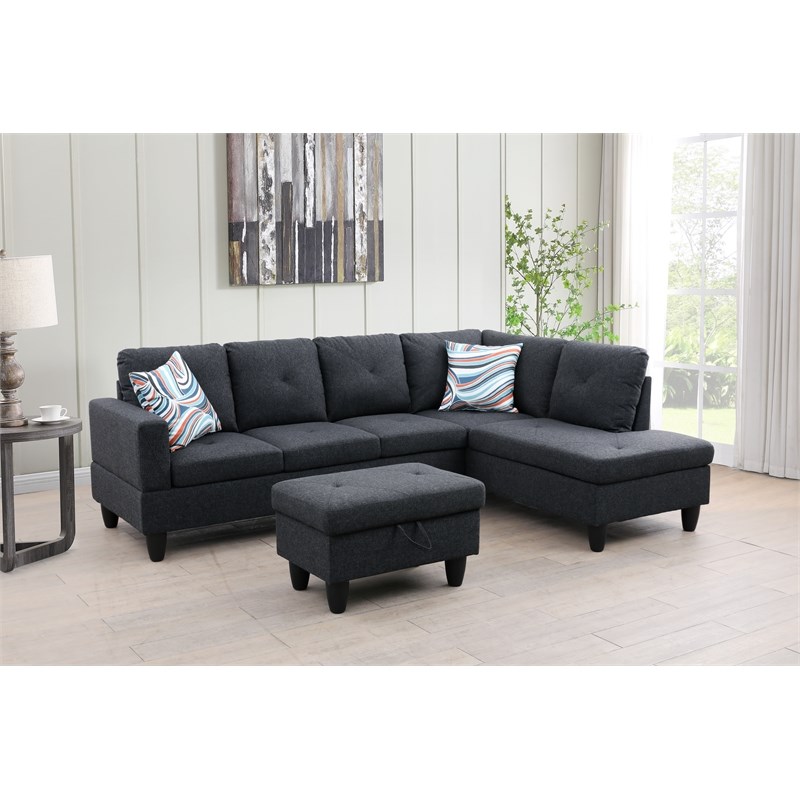 Starhome L Shaped Black Gray Couch with Ottoman(Pillows Included) Microfiber