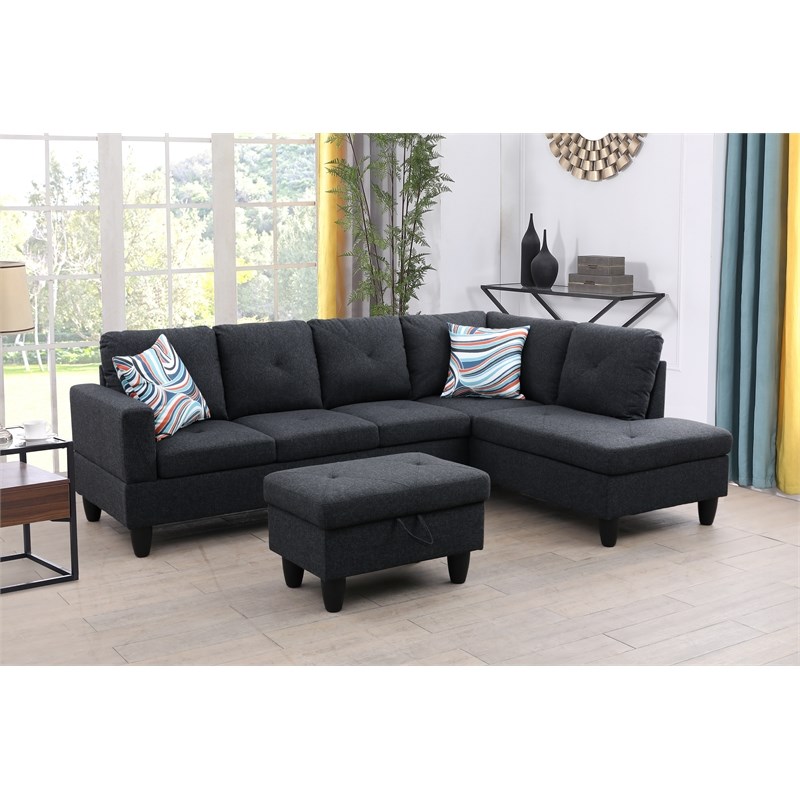 Starhome L Shaped Black Gray Couch with Ottoman(Pillows Included) Microfiber