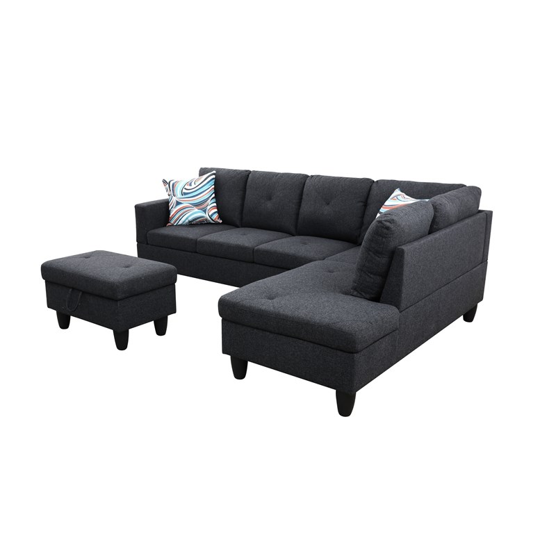 Starhome L Shaped Black Gray Couch with Ottoman(Pillows Included) Microfiber