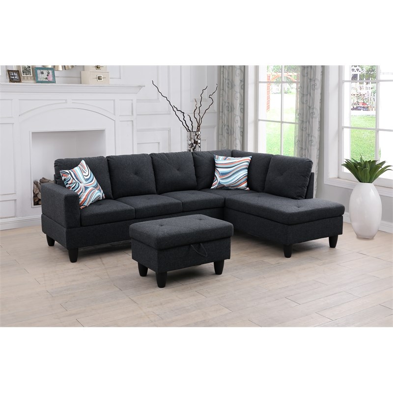 Starhome L Shaped Black Gray Couch with Ottoman(Pillows Included) Microfiber