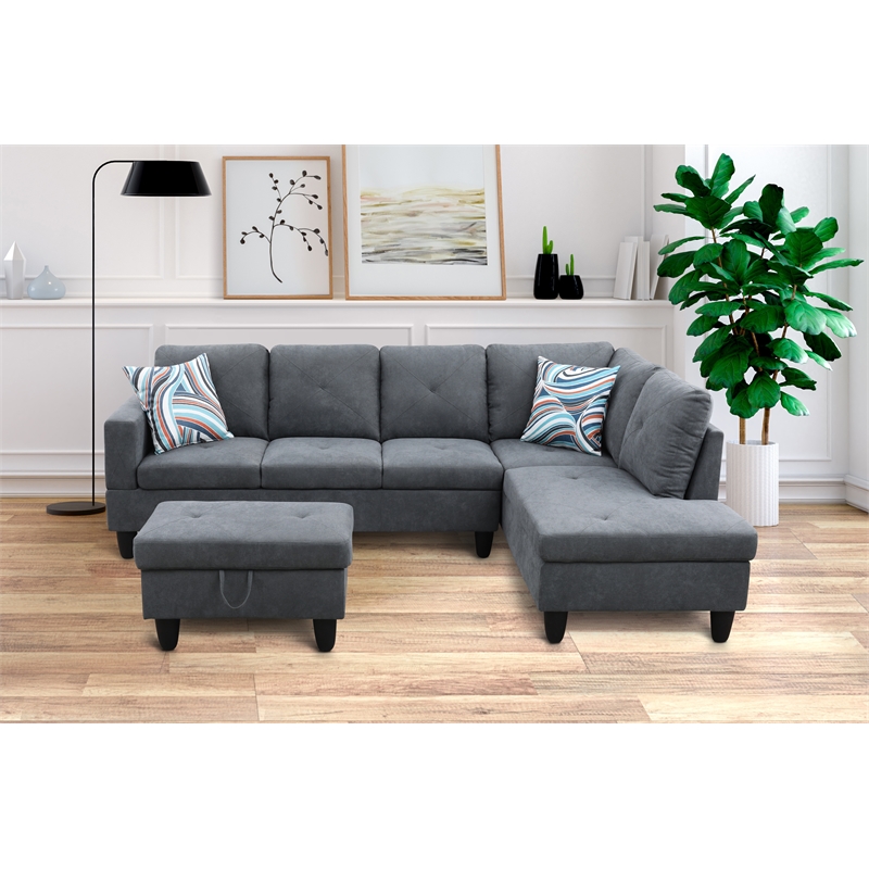 Starhome L Shaped Dark Gray Couch with Ottoman(Pillows Included) Microfiber