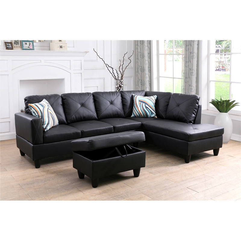 Starhome L Shaped Black Couch with Ottoman(Pillows Included) Microfiber