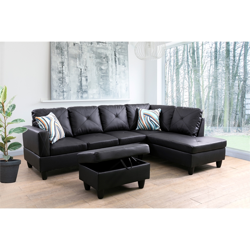 Starhome L Shaped Black Couch with Ottoman(Pillows Included) Microfiber