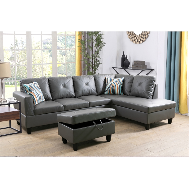 Starhome L Shaped Gray Couch with Ottoman(Pillows Included) Microfiber