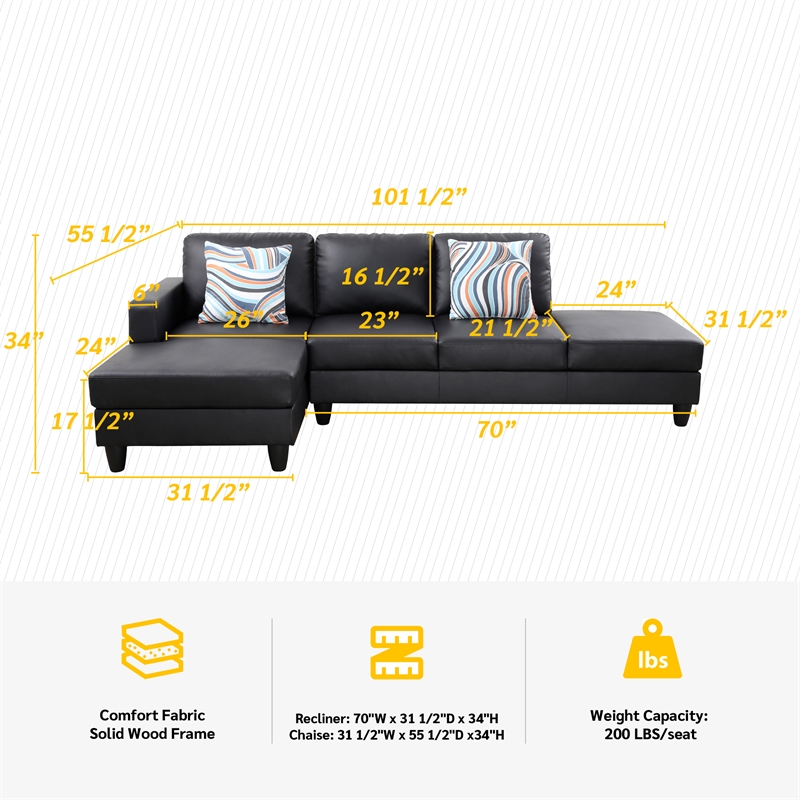 Starhome L Shaped Black Faux Leather 2-Piece Couch Living Room Sofa Set