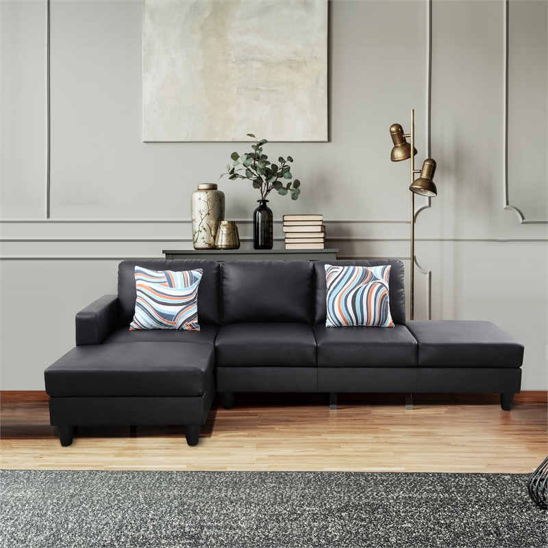 Starhome L Shaped Black Faux Leather 2-Piece Couch Living Room Sofa Set