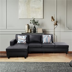 Starhome L Shaped Black Faux Leather 2-Piece Couch Living Room Sofa Set