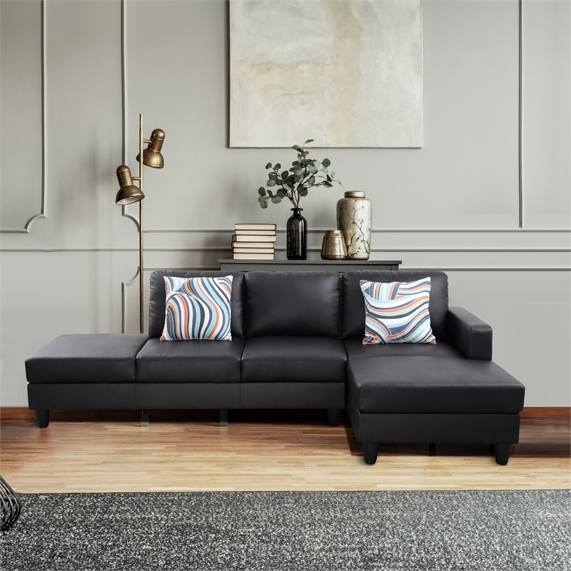 Starhome L Shaped Black Faux Leather 2-Piece Couch Living Room Sofa Set