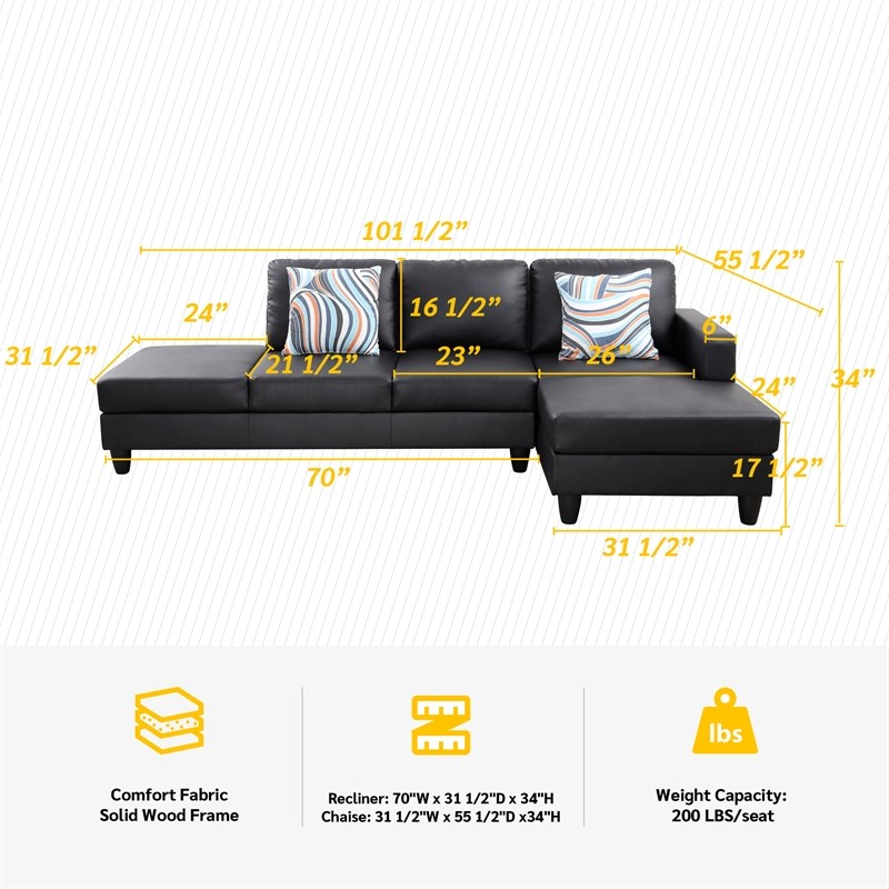 Starhome L Shaped Black Faux Leather 2-Piece Couch Living Room Sofa Set