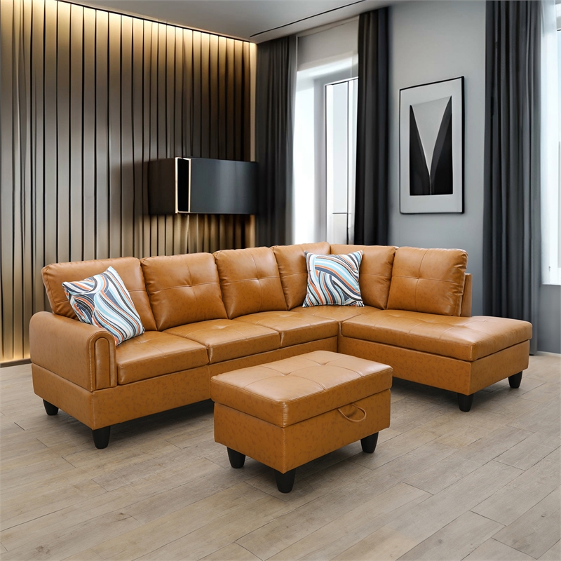 Star Home Living 3-Piece Faux Leather Right Facing Sectional in Rusty Orange