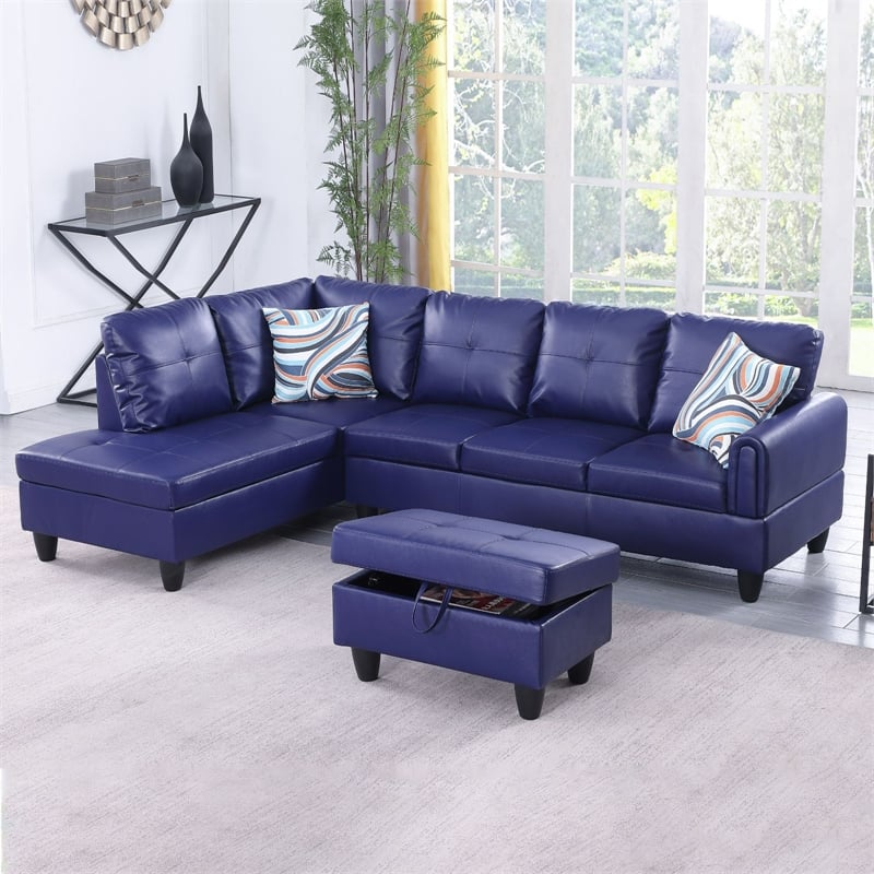 Star Home Living 3-Piece Faux Leather Left Facing Sectional in Navy Blue