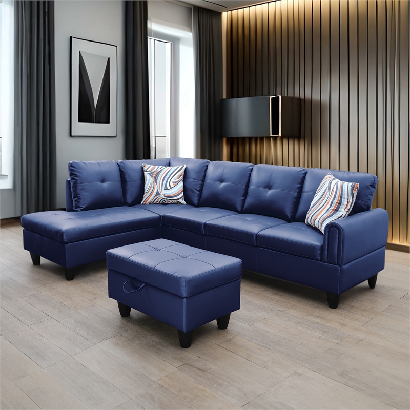 Star Home Living 3-Piece Faux Leather Left Facing Sectional in Navy Blue