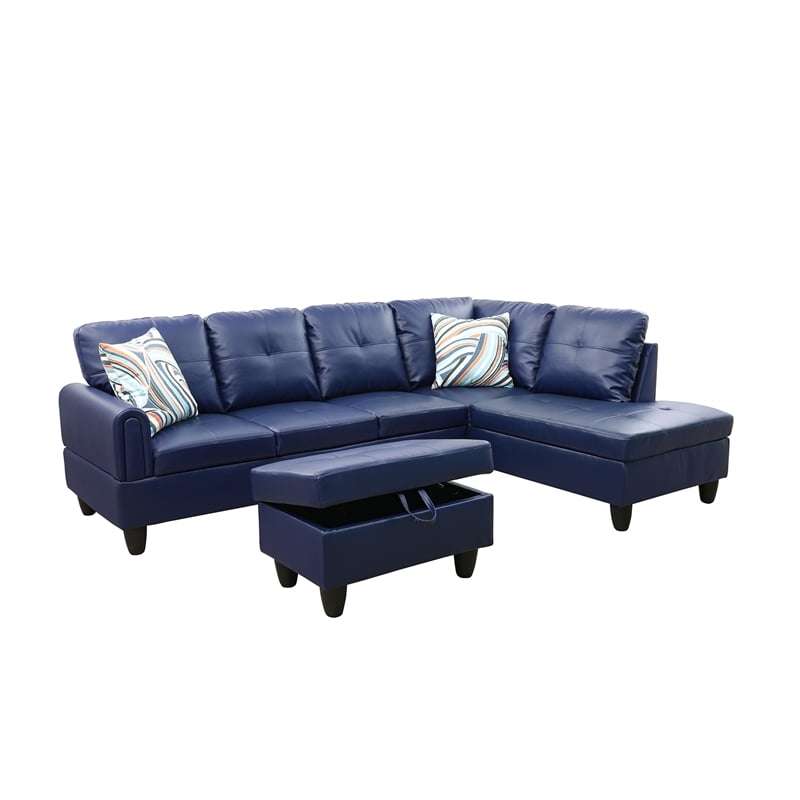 Star Home Living 3-Piece Faux Leather Right Facing Sectional in Navy Blue