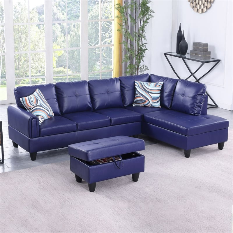 Star Home Living 3-Piece Faux Leather Right Facing Sectional in Navy Blue