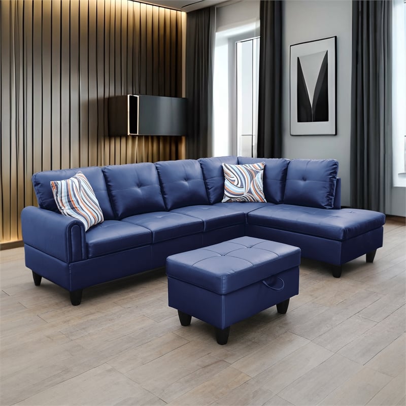 Star Home Living 3-Piece Faux Leather Right Facing Sectional in Navy Blue