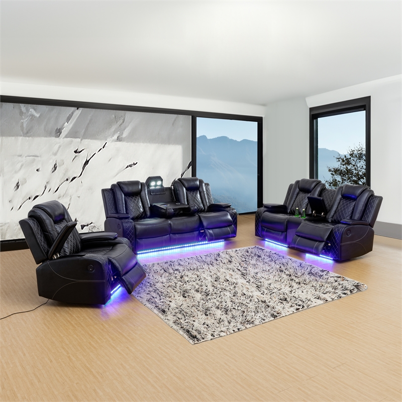 Beverly Fine Funiture Katie 3 Piece Faux Leather Recliner Living Room Set Black