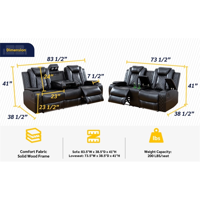 Beverly Fine Furniture Roduco Faux Leather Power Recliner Sofa Loveseat Black