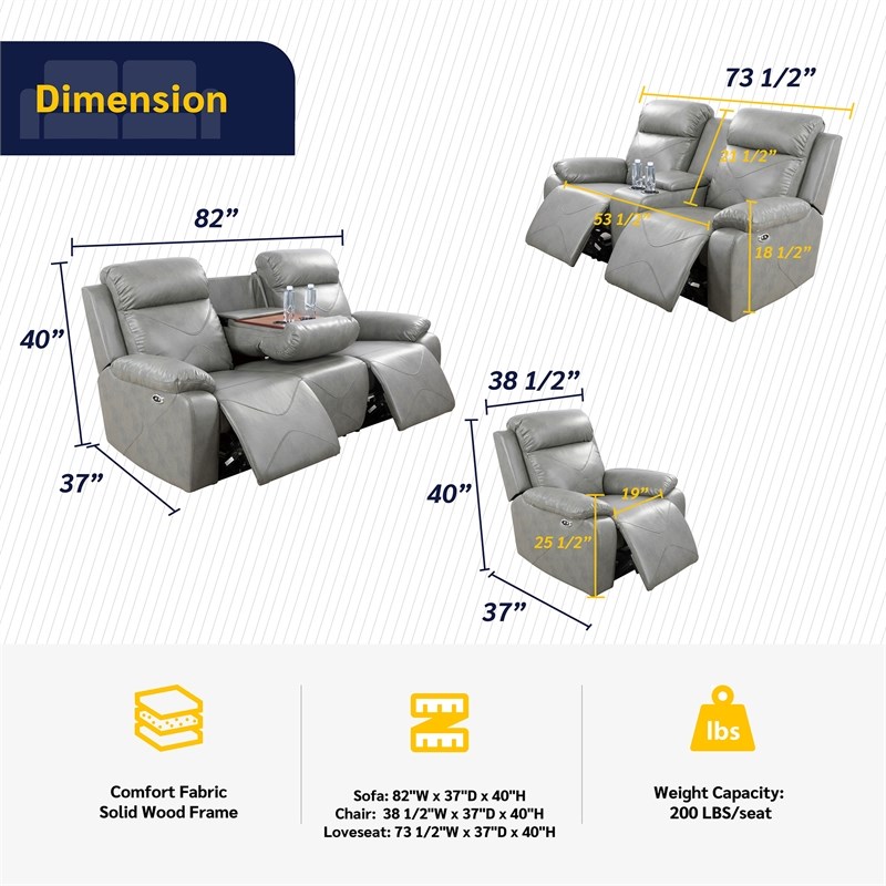 Condio Living Room Recliner Set Loveseat  Sofa and Recliner Gray