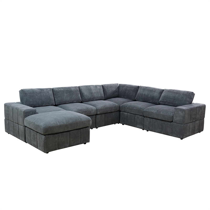 Plush Dark Grey Corduroy Sofa Set with Right Armchair and Recliner