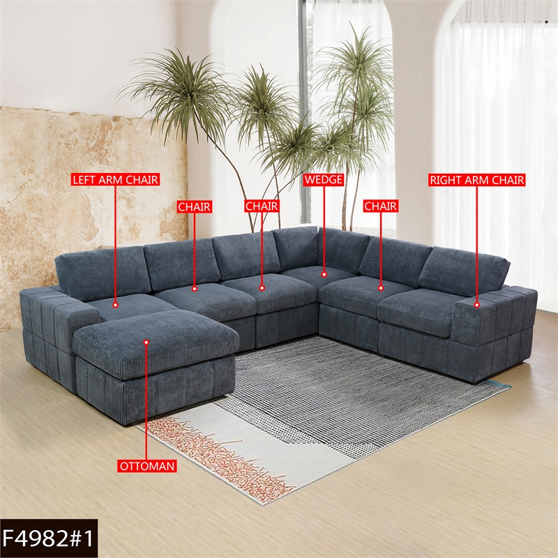 Plush Dark Grey Corduroy Sofa Set with Right Armchair and Recliner