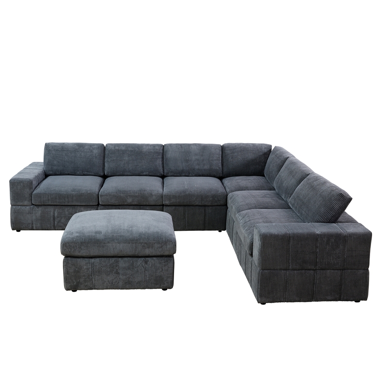 Plush Dark Grey Corduroy Sofa Set with Ottoman