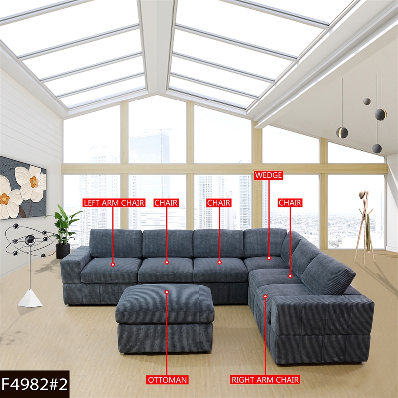 Plush Dark Grey Corduroy Sofa Set with Ottoman