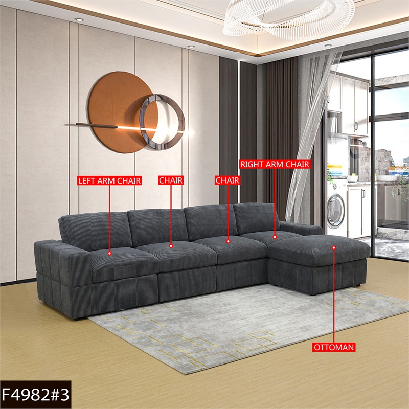 Dark Grey Corduroy 5-Piece Living Room Sofa Set Left Armchair and Recliner