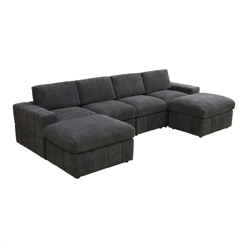Dark Grey Corduroy 6-Piece Living Room Sofa Set with Ottoman