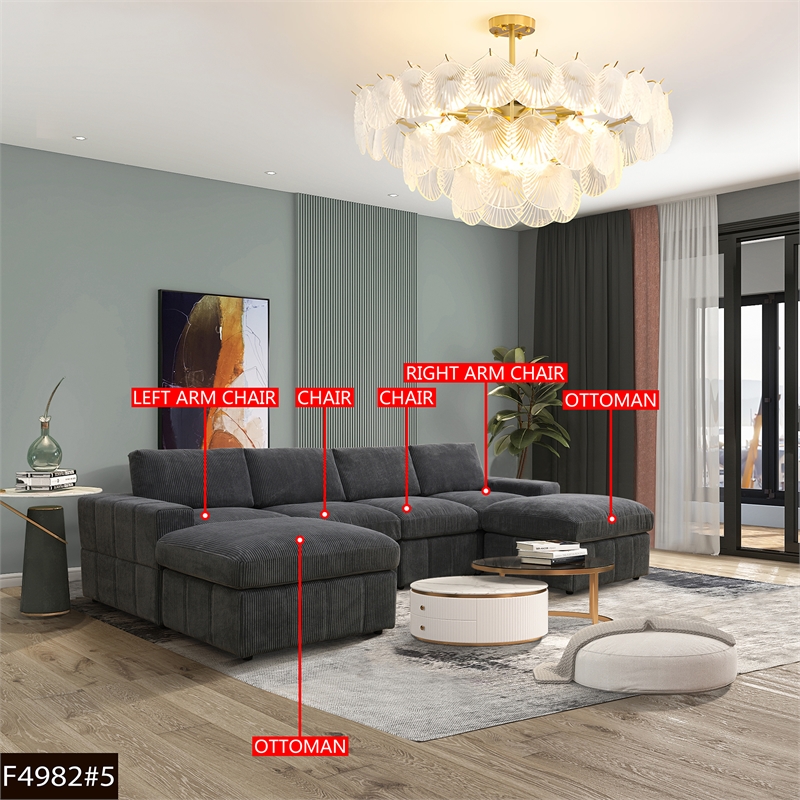 Dark Grey Corduroy 6-Piece Living Room Sofa Set with Ottoman