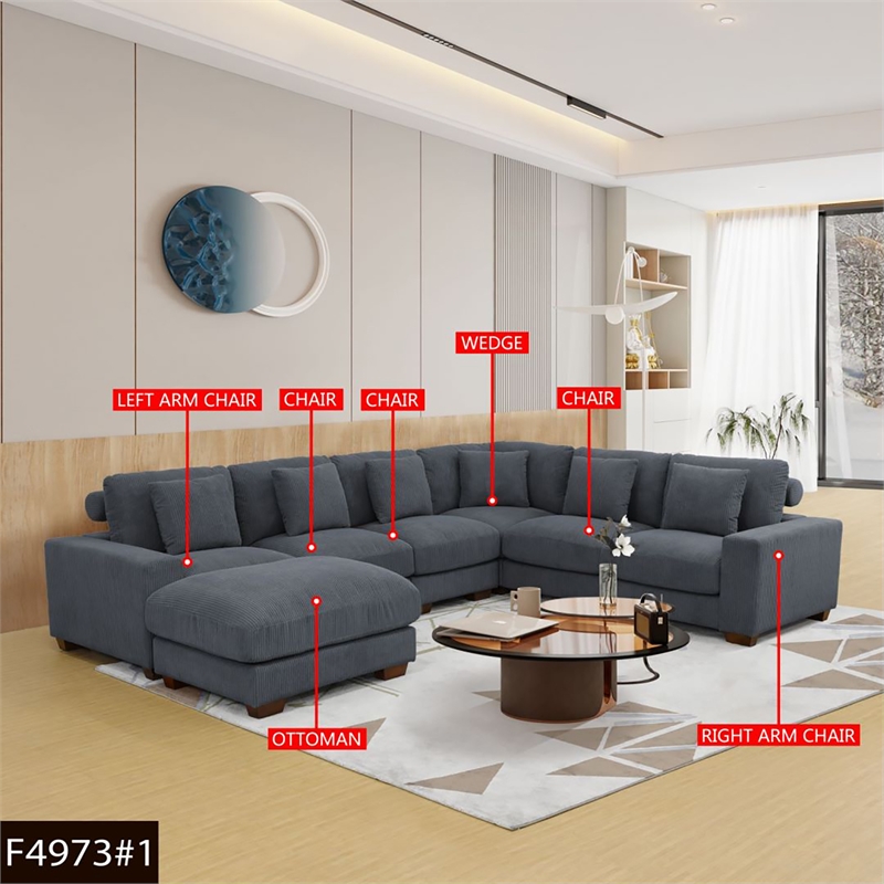 Dark Grey Corduroy 7-Piece Living Room Sofa Set with Ottoman