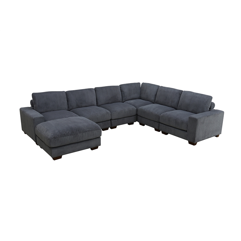 Dark Grey Corduroy 7-Piece Living Room Sofa Set with Ottoman