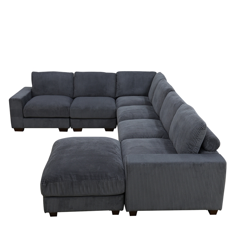 Dark Grey Corduroy 7-Piece Living Room Sofa Set with Ottoman