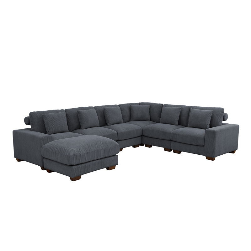 Dark Grey Corduroy 7-Piece Living Room Sofa Set with Ottoman