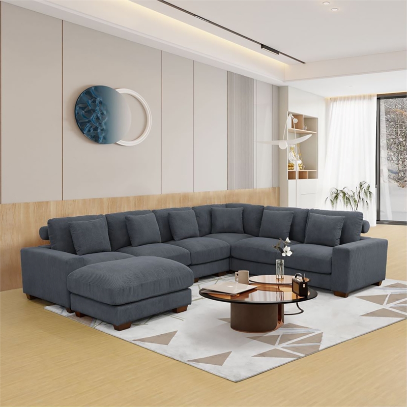 Dark Grey Corduroy 7-Piece Living Room Sofa Set with Ottoman