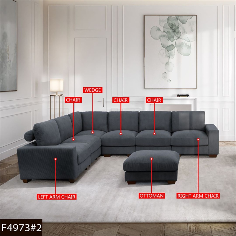 Dark Grey Color Corduroy 7-Piece Living Room Sofa Set with Ottoman