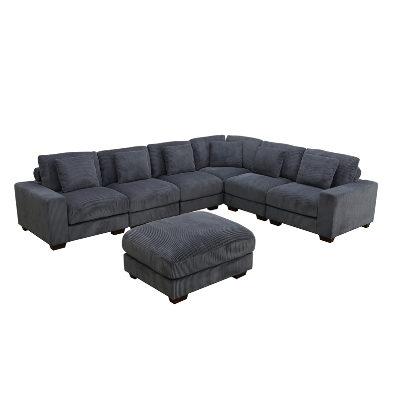 Dark Grey Color Corduroy 7-Piece Living Room Sofa Set with Ottoman