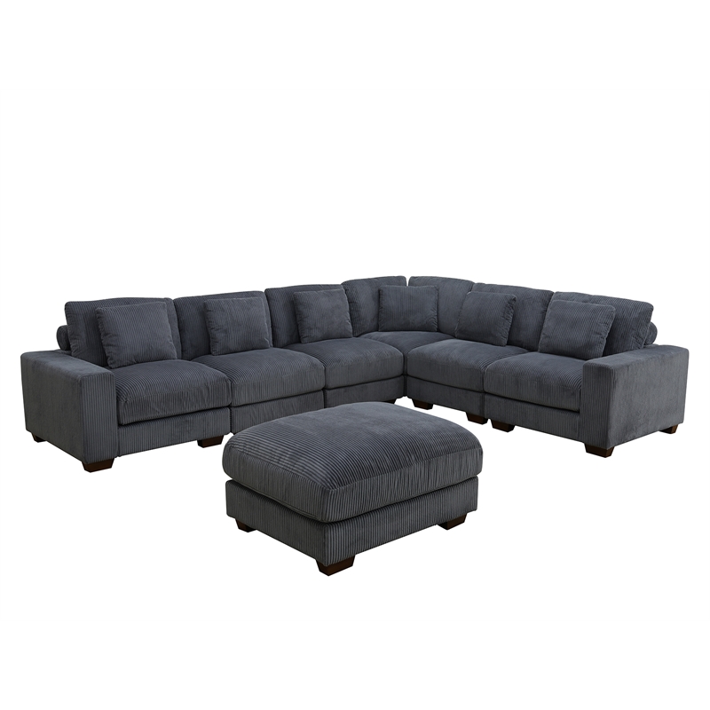 Dark Grey Color Corduroy 7-Piece Living Room Sofa Set with Ottoman