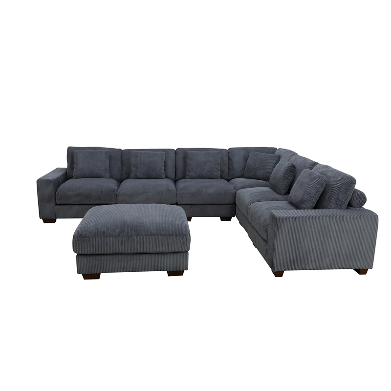 Dark Grey Color Corduroy 7-Piece Living Room Sofa Set with Ottoman