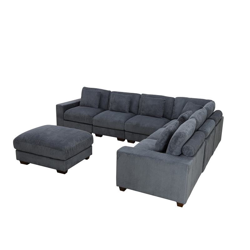 Dark Grey Color Corduroy 7-Piece Living Room Sofa Set with Ottoman