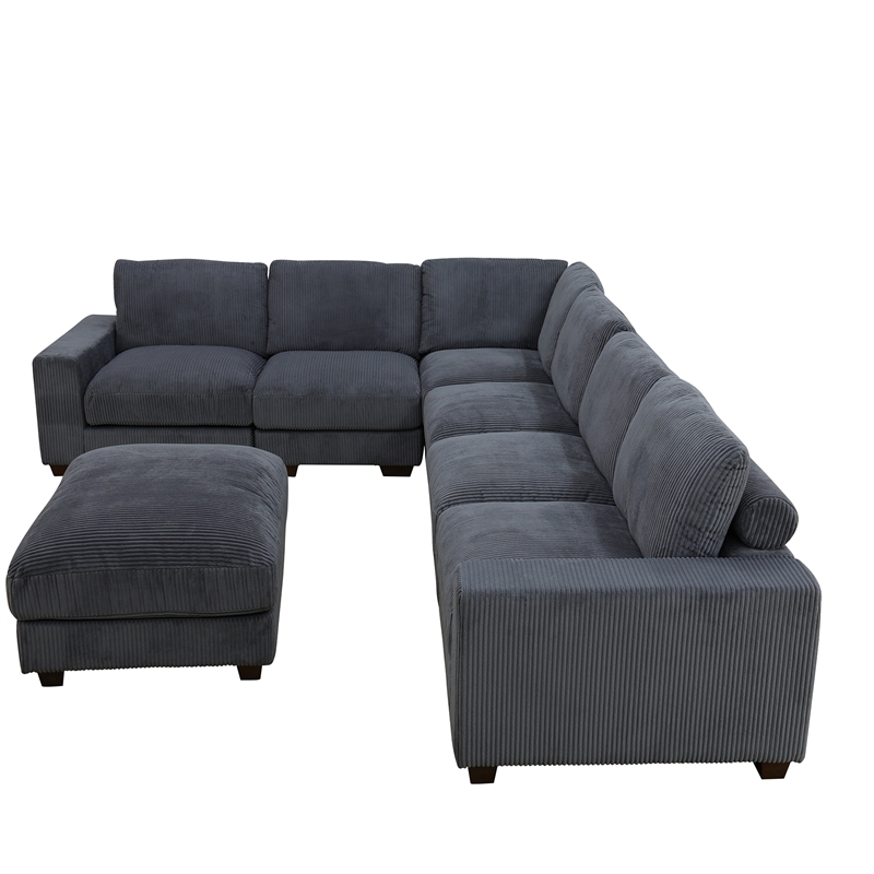 Dark Grey Color Corduroy 7-Piece Living Room Sofa Set with Ottoman